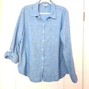 ORVIS Shirt Women’s Button Up Blouse Top Long Sleeve Linen Blend Blue XL
